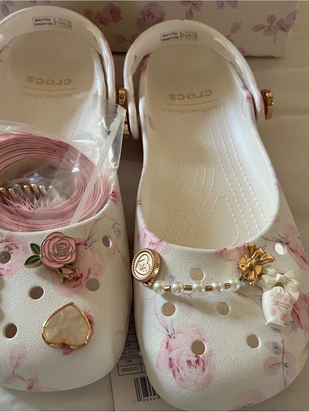 LoveShackFancy CROCS White Floral Classic Clog with Pink Accents and Gold Charms